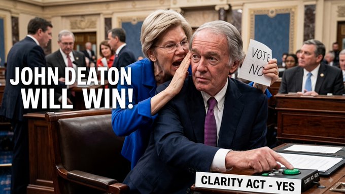 A woman whispers into a seated man's ear in a legislative chamber, with text declaring "JOHN DEATON WILL WIN!" alongside a sign reading "VOTE NO" and a nameplate labeled "CLARITY ACT - YES," illustrating the post's message about opposing Senator Warren and supporting pro-crypto candidate John Deaton.