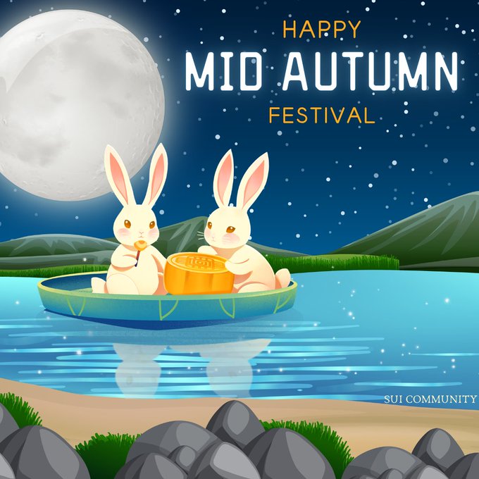 A festive 'HAPPY MID AUTUMN FESTIVAL' illustration shows two white rabbits sitting in a green leaf boat on water, sharing a mooncake under a large full moon and starry night sky, branded 'SUI COMMUNITY' in the corner.