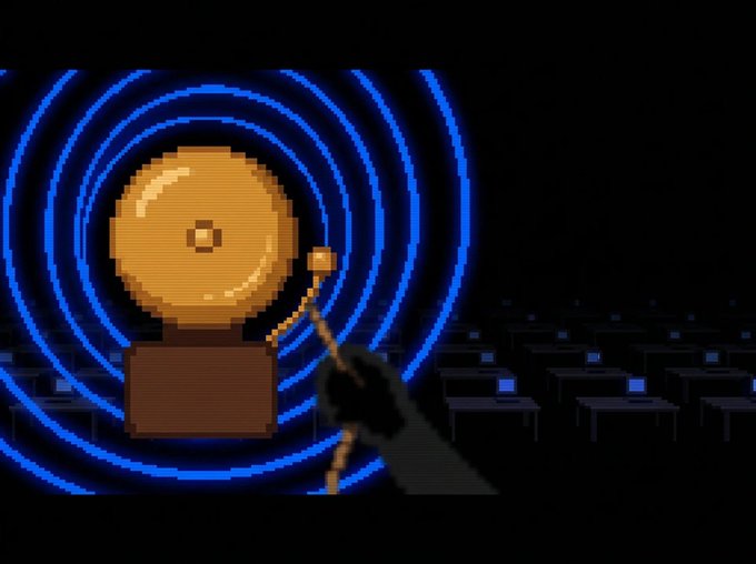 A pixel-art golden bell emits blue signal waves in a dark room filled with empty trading desks, symbolizing the launch announcement of the $BBROKERS token on BASE, with the contract address 0x3efad3ba3225e2132da4cc59f7ef8b0213a7db1b visible in the accompanying post.
