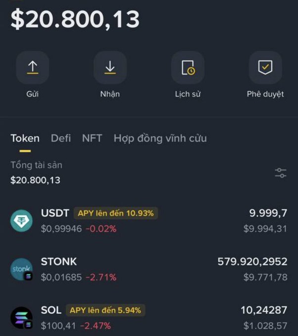 A Vietnamese crypto wallet dashboard shows a total balance of $20,800.13, including 579.92 STONK tokens (worth $9,771.78) and SOL, highlighting the user's STONK holdings after taking early profits—tying into the post's lament about missing a 10x rally on a $5k investment.