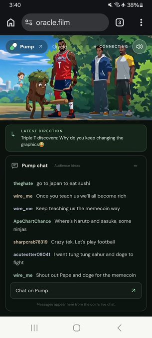 A mobile screenshot of 'oracle.film' on the Pump.fun platform, showing an animated scene with crypto-style characters and a live chat discussing memes and memecoins.