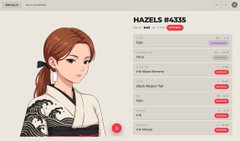 A profile page displays NFT #4335 "Hina" by @0xhazels, featuring an anime-style female character with reddish-brown hair tied with a black ribbon, wearing a white kimono decorated with black ink-style wave patterns. The page shows an ID/Code of 04-23-23-19-11-23, rarity rank 47 out of 5,555, MYTHIC grade, and includes traits like "One Glance Remedy," "Black Ribbon Tie," and "Red Cheeks."