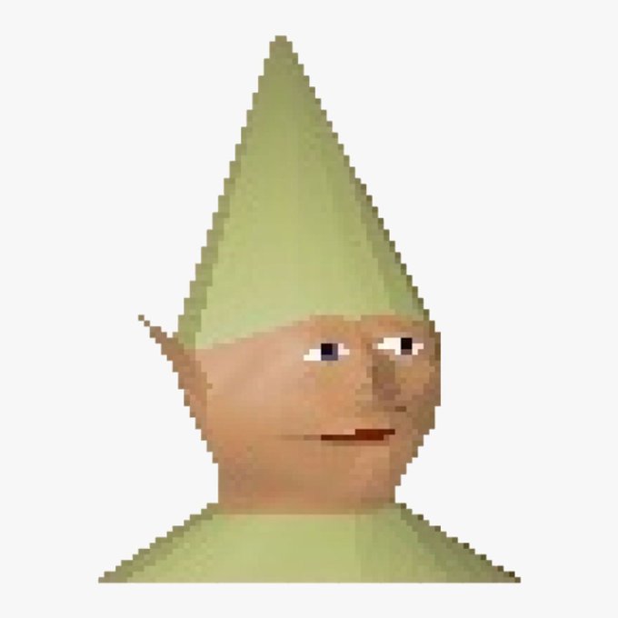 A low-resolution pixelated rendering of a character's face wearing a tall, pointed beige hat, with simple features including eyes, a nose, and a slight smile. The image humorously illustrates the post's "GM" (good morning) greeting by presenting it in intentionally low visual fidelity.