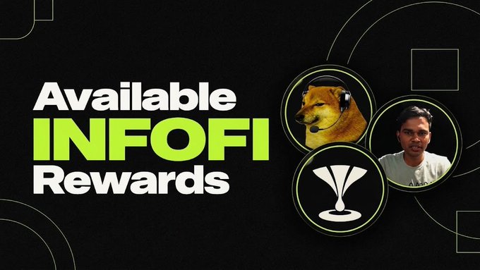A dark promotional graphic with text 'Available INFOFI Rewards' featuring circular icons of a Doge wearing a headset, a trophy, and a person's photo.