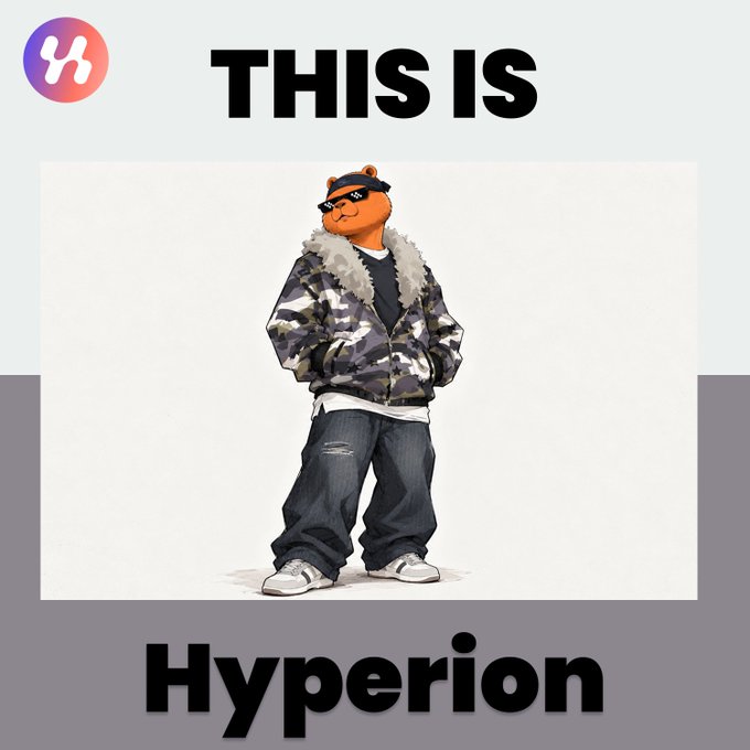 An illustrated anthropomorphic bear character wearing sunglasses, a camo puffer jacket, and ripped jeans, labeled 'THIS IS Hyperion' with a logo in the top left.