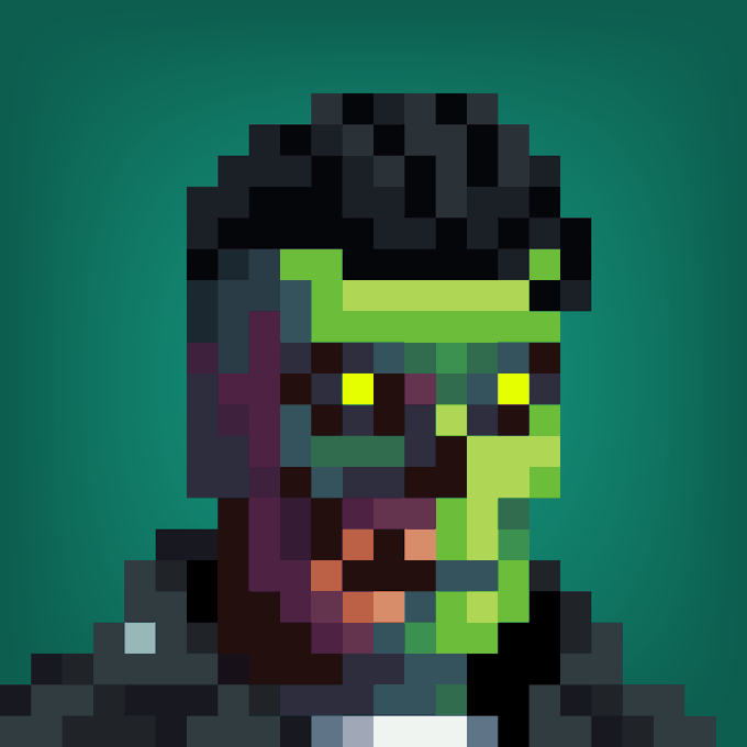 A pixel art portrait depicts a hooded figure with a glowing green and orange face, possibly representing a character like a cyberpunk or game protagonist.