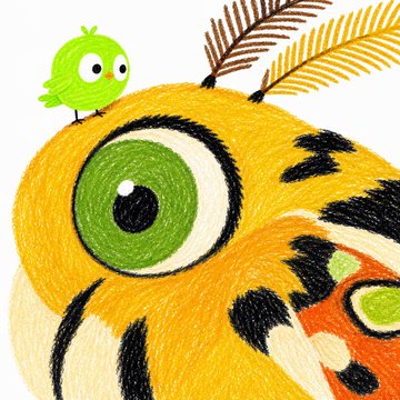 A colorful, textured illustration of a large yellow tiger face with big green eyes, accompanied by a small green bird perched on top of its head.