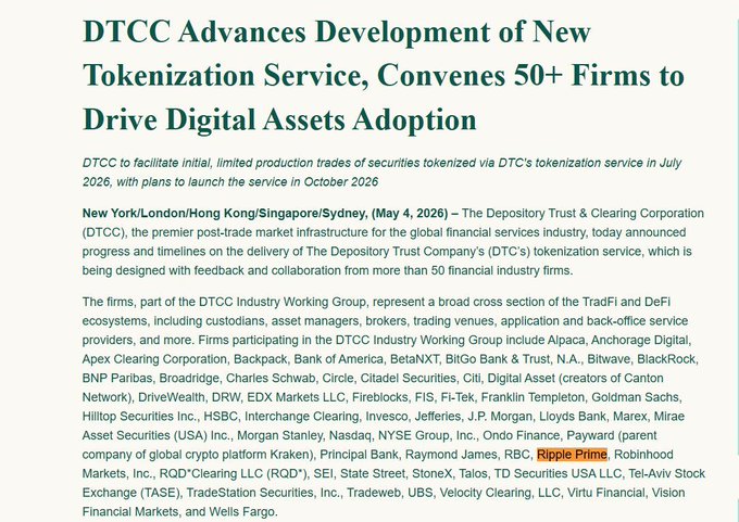 A news article headlined 'DTCC Advances Development of New Tokenization Service, Convenes 50+ Firms to Drive Digital Assets Adoption,' highlighting Ripple Prime in the participating firms list.