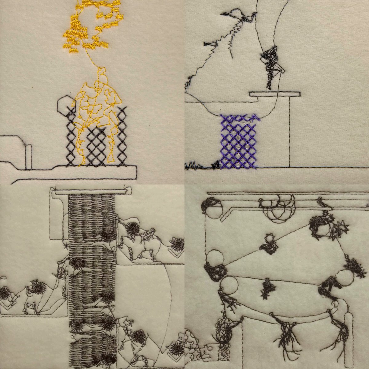The image features a collection of four different embroidery designs, each with unique patterns and colors. The designs include a giraffe, a person, a cat, and a bird. These embroidered artworks are displayed in a grid format on a white background, showcasing the intricate details and craftsmanship involved in creating these digital pieces of art.
