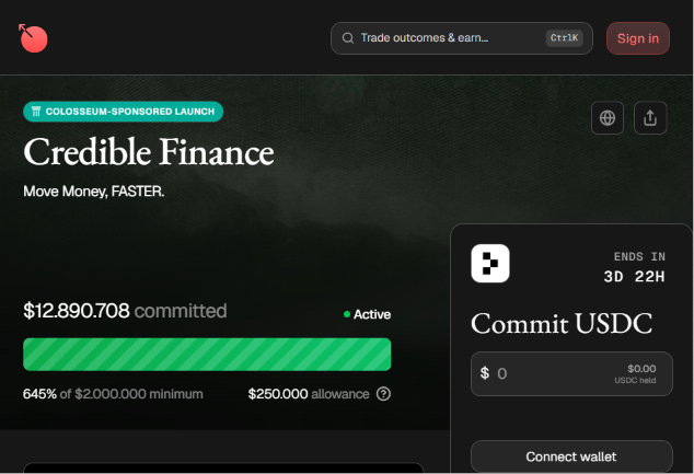 A dark-themed web interface for Credible Finance's 'Colosseum-Sponsored Launch' shows $12,890,708 committed (645% of $2,000,000 minimum) with a 'Commit USDC' option, ending in 3 days and 22 hours.