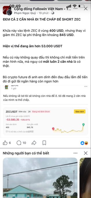 A Vietnamese Facebook post about a ZEC cryptocurrency trade that went wrong, showing the trader lost ~53,000 USDT with screenshots showing ZEC/USDT at $845.76, titled 'ĐẾM CẢ 2 CĂN NHÀ ĐI THẾ CHẤP ĐÊ SHORT ZEC'.