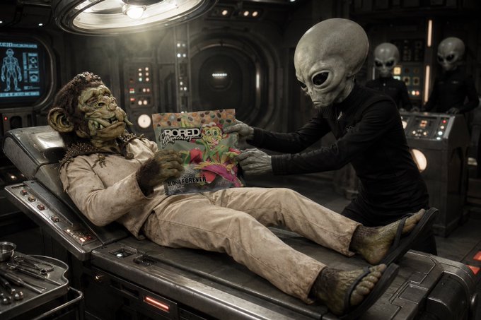 An alien with a green face and curly hair lies on a sci-fi examination table while a grey alien in a black suit holds out a cereal box labeled 'Bored Flakes Aliens Forever'.