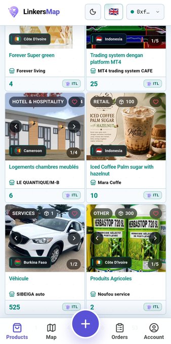 A screenshot of the LinkersMap mobile app displaying a marketplace feed with listings such as "Forever Super green" from Côte d'Ivoire, "Trading system dengan platform MT4" from Indonesia, "Logements chambres meublés" from Cameroon, "Iced Coffee Palm sugar with hazelnut" from Indonesia, "Véhicule" from Burkina Faso, and "Produits Agricoles" from Côte d'Ivoire, illustrating the app's diverse range of products and services across multiple countries.