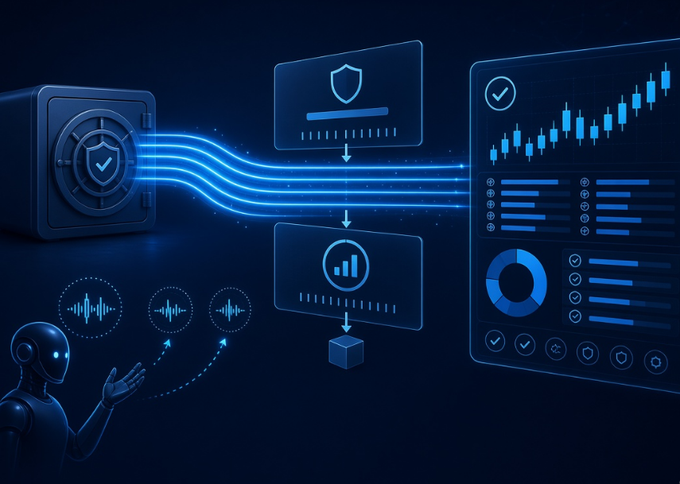 A digital illustration showing a robot, a secure vault, data flow diagrams with shield icons, charts, and analytics dashboards representing AI-powered security and data processing.