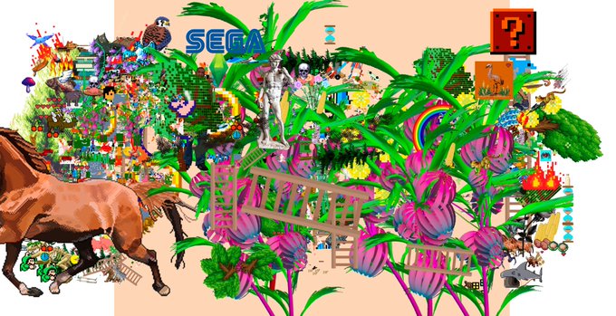 A chaotic digital collage featuring a SEGA logo, a question mark block, a horse, flowers, and numerous other overlaid images and graphics on a peach background.