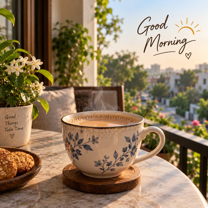 A 'Good Morning' greeting image featuring a steaming floral teacup and cookies on a balcony table with a city view, alongside a plant pot labeled 'Good Things Take Time'.
