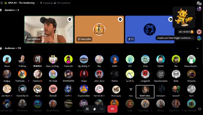 A screenshot of a Twitter/X Spaces audio chat titled 'AMA #2 - The Awakening' with 3 speakers and 113 audience members participating.