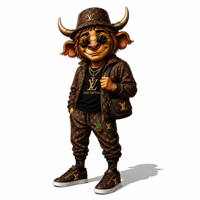 Stylized digital artwork of a furry mascot character wearing a brown Louis Vuitton monogram bucket hat, matching jacket, pants, and sneakers with gold chains.