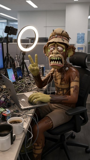 A bizarre 3D render or AI-generated image depicts a goblin-like creature covered in brown slime wearing a pith helmet, sitting at an office desk with a ring light and laptops while making a peace sign.