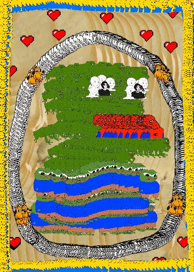 A colorful folk-art style painting bordered by zebras, hearts, and fish depicts a green landscape with a red-roofed building, blue rivers, and small figures with white hair.