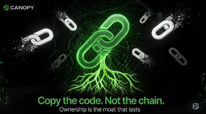 A digital advertisement for 'CANOPY' features a glowing green chain link with roots growing from it, set against a dark background, with the tagline 'Copy the code. Not the chain. Ownership is the moat that lasts.'