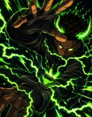 Comic book artwork of a fierce character with glowing green eyes surrounded by bright green lightning effects.