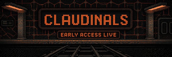 A pixel-art banner displays "CLAUDINALS - EARLY ACCESS LIVE" in glowing orange text against a dark industrial backdrop with pillars and a hex-grid wall, with railway tracks leading toward the signage.

The image visualizes the Claudinals (B20) early access announcement, with the futuristic rail terminal aesthetic reinforcing the protocol's promise of permanent, on-chain storage via calldata during its live deployment window.