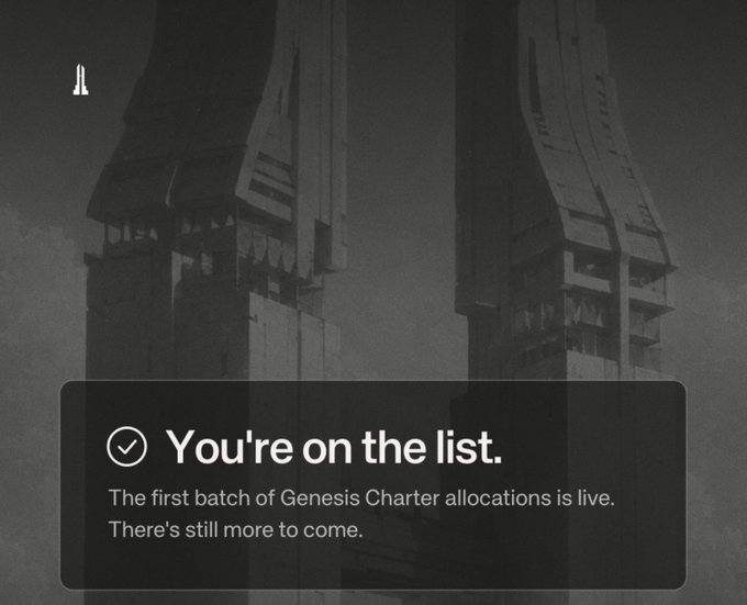 A confirmation screen displaying "You're on the list. The first batch of Genesis Charter allocations is live. There's still more to come." overlays a dark, monochromatic image of towering, industrial structures, relating to the post about the Standard Reservation Genesis Charter waitlist and its novel approach to onchain monetary policy and community participation.