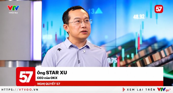 A Vietnamese VTVgo broadcast frame shows a man identified as “Ông STAR XU,” “CEO của OKX,” with logos for VTV, Thời Sự, “57,” “NGHỊ QUYẾT 57,” and “HTTPS://VTVGO.VN.”