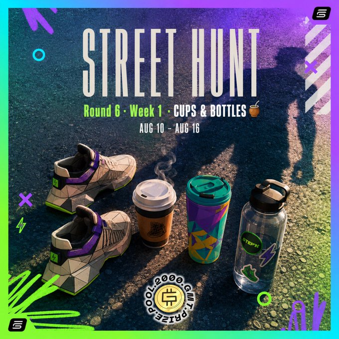 Promotional graphic titled 'STREET HUNT - Round 6 · Week 1 · CUPS & BOTTLES' (Aug 10 - Aug 16) featuring sneakers and drinkware with a 'OOL2000 PRIZE POOL' badge.