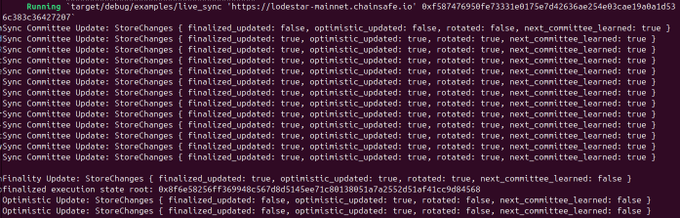 A terminal output showing the execution of `target/debug/examples/live_sync 'https://lode-star-mainnet.chainbase.io'` with repeated log entries for 'iSync Committee Update: StoreChanges' displaying booleans for finalized_updated, optimistic_updated, rotated, and next_committee_learned fields.