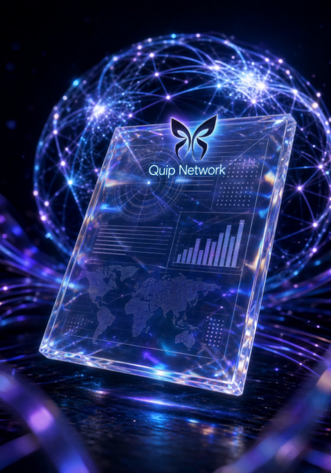 A glowing translucent data panel featuring the "Quip Network" logo, alongside a world map, bar chart, and data grids, sits in front of an illuminated network sphere, visually reinforcing the post's message of transparent, verifiable smart contract and Ethereum SDK audits.