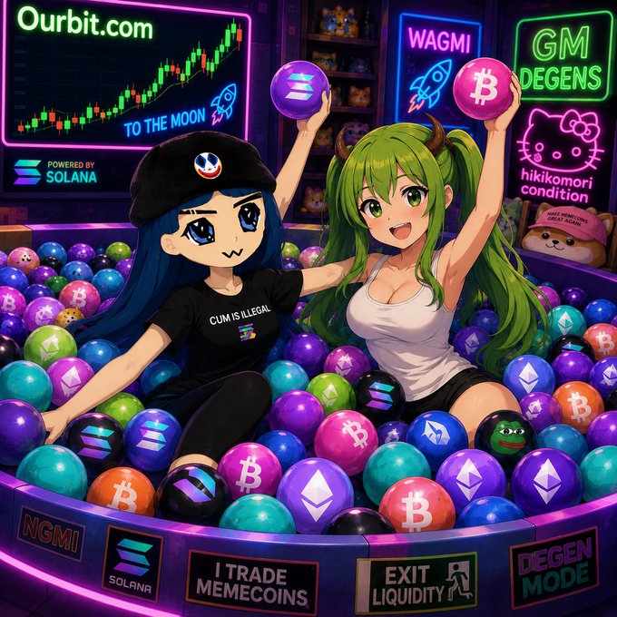 A vibrant anime-style crypto advertisement featuring two female characters in a ball pit filled with Bitcoin and Solana tokens, with text including 'Ourbit.com', 'TO THE MOON', 'WAGMI', 'GM DEGENS', 'hikitomori collection', 'SOLANA', 'NGMI', 'I TRADE MEMECOINS', 'EXIT LIQUIDITY', and 'DEGEN MODE'.