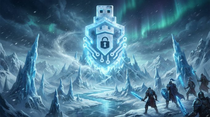 A fantasy illustration depicts armored warriors with glowing blue swords standing in a frozen, icy landscape beneath a large glowing shield emblem with a lock symbol and the Northern Lights in the sky.