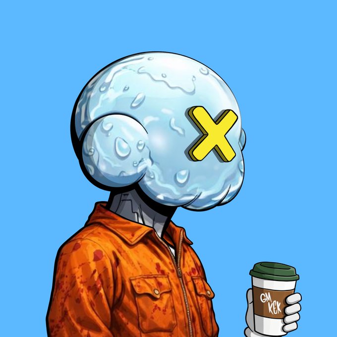 A digital illustration of a figure wearing an orange prison uniform, with a metallic, liquid-like head featuring a yellow 'X' over one eye, holding a coffee cup labeled 'OH KICK'.