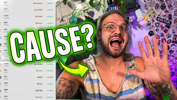 A thumbnail-style image featuring a surprised man with his hand raised, the word 'CAUSE?' in large green text, and a cryptocurrency chart showing tickers like BTC, ETH, USDT, BNB, and XRP.