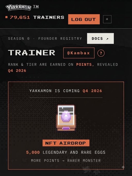 A Yakkamon trainer registry page showing 79,651 trainers, logged in as @Kambax, with an NFT airdrop announcement of 5,000 legendary and rare eggs coming Q4 2026.