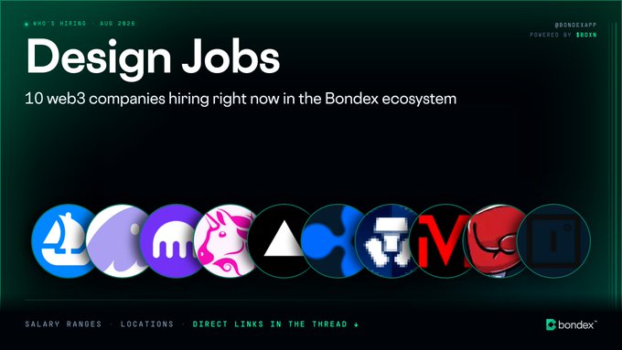 A dark green Bondex promotional graphic titled "Design Jobs" highlights "10 web3 companies hiring right now in the Bondex ecosystem" (Aug 2026), powered by $BDXN. It displays a row of 10 circular company logos and directs viewers to salary ranges, locations, and direct application links in the thread.