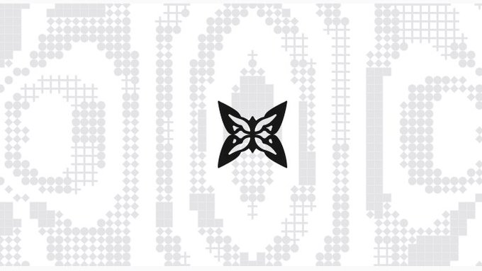 A minimalist graphic design features a black geometric cat/demon mask logo centered on a light grey background with subtle pixelated patterns.
