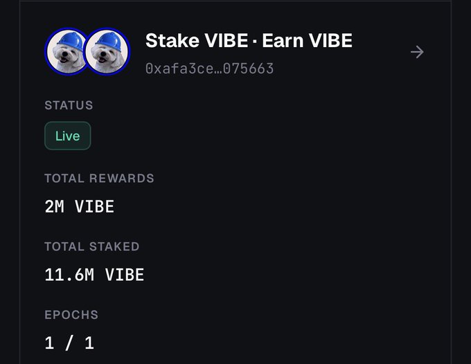 The image displays a "Stake VIBE · Earn VIBE" card showing that Staking Epoch 1 is **Live**, with total rewards of **2M VIBE** and total staked of **11.6M VIBE** (1/1 epochs). This visually confirms the post's announcement that VIBE Staking Epoch 1 is now active and accepting stakes.