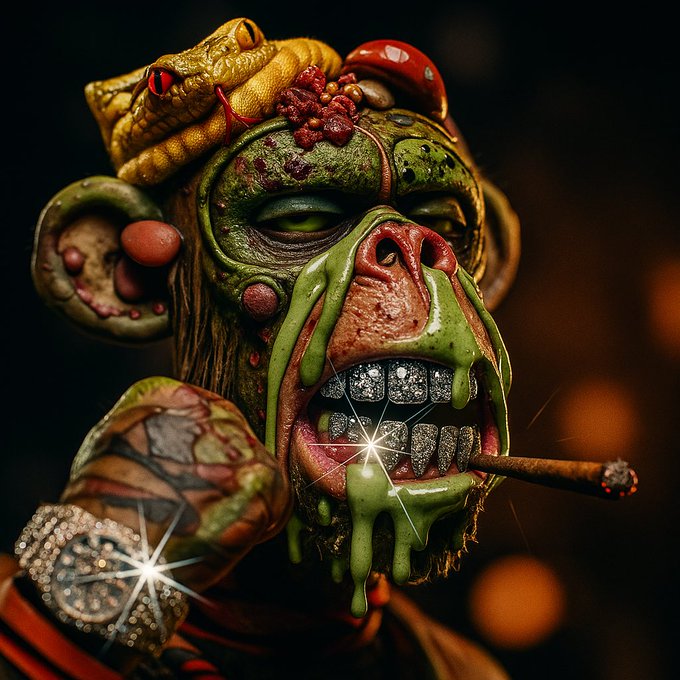 A surreal, stylized digital artwork of a green mutant monkey wearing diamond-encrusted teeth and a large watch, smoking a cigar. The image serves as a visual representation of "Mutant Monday," featuring grotesque yet luxurious elements like the snake on its head and dripping slime.