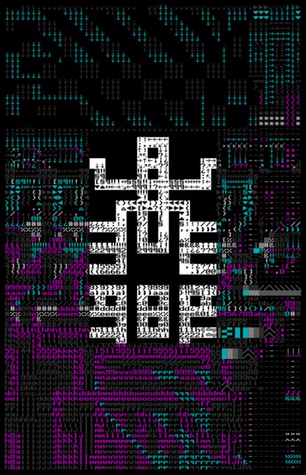 A digital artwork featuring a large white pixelated figure resembling a stylized character or symbol centered against a background filled with colorful, glitch-art patterns of cyan, magenta, and black.