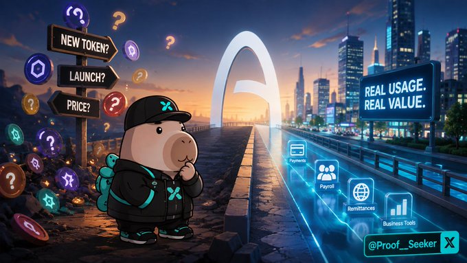 A thoughtful cartoon capybara stands before a glowing archway, facing a choice between two paths: one cluttered with speculative tokens and launch questions ("NEW TOKEN?", "LAUNCH?", "PRICE?"), and another leading to real-world utility ("REAL USAGE. REAL VALUE.") with icons for Payments, Payroll, Remittances, and Business Tools. The image visually reinforces the post's argument that networks like @arc can prioritize genuine utility over token speculation, symbolized by the capybara's contemplative pose at the crossroads.