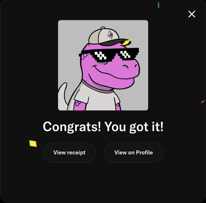 A success confirmation screen featuring a purple cartoon dinosaur wearing 'deal with it' sunglasses and a cap, with the text 'Congrats! You got it!' and buttons to 'View receipt' and 'View on Profile'.