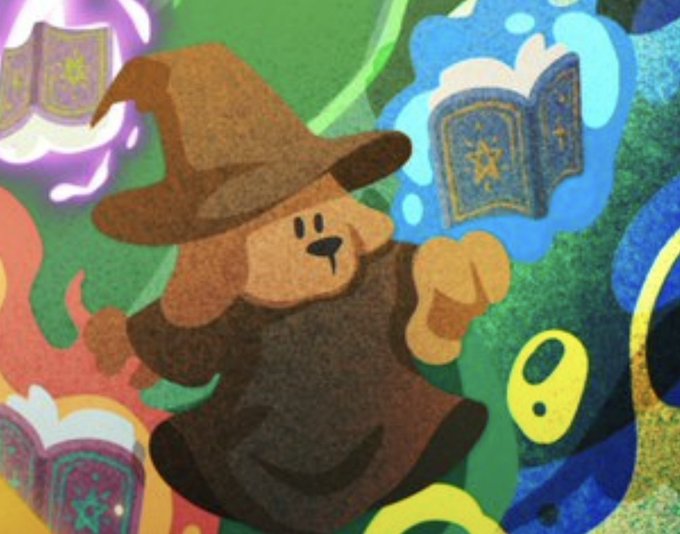 An illustration of a dog dressed as a wizard in a brown hat and robe, surrounded by floating spell books and magical effects.