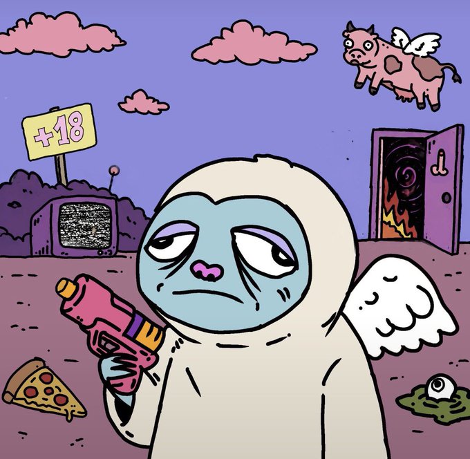 A cartoon illustration of a blue-faced figure with white wings holding a pink ray gun, standing in a surreal landscape with a flying pig, pizza slice, and a door leading to fire.