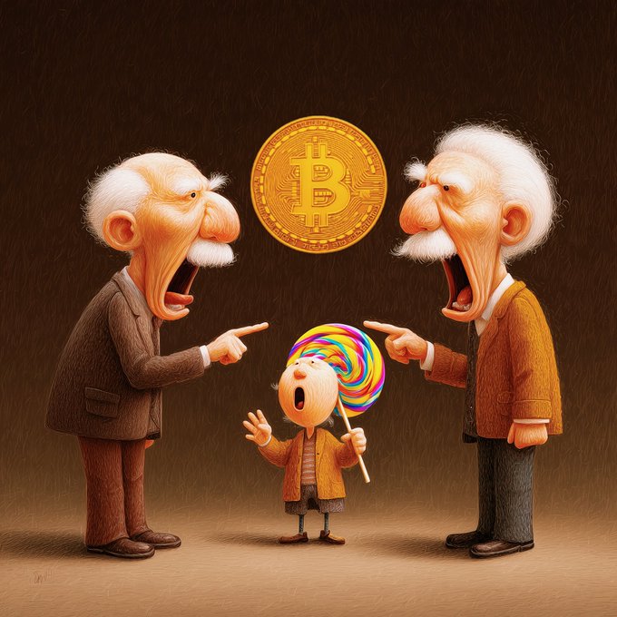 The image features two cartoon men, one older man with a mustache holding a gold coin and another younger man holding a lollipop. The caption of the image reads "Gm friends! Happy TezosTuesday! Let'S smile a little today Whose Lambo is Bigger? The eternal crypto debate while the only real asset is already in the hands of the youth".