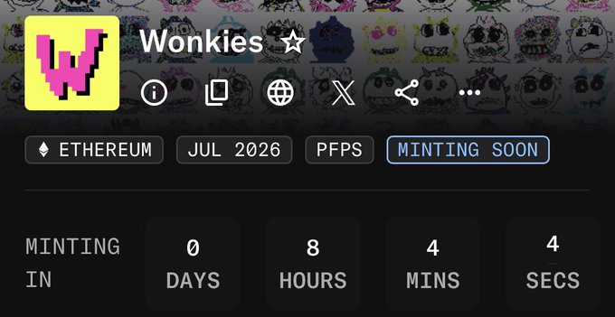The image shows a "Wonkies" NFT minting page with a pixelated pink "W" logo on a background of cartoon characters, indicating minting on Ethereum is set to begin in 0 days, 8 hours, 4 minutes, and 4 seconds. The countdown timer corresponds to the July 2026 launch details and 0.005 ETH mint price mentioned in the post for this 3,000-supply collection.
