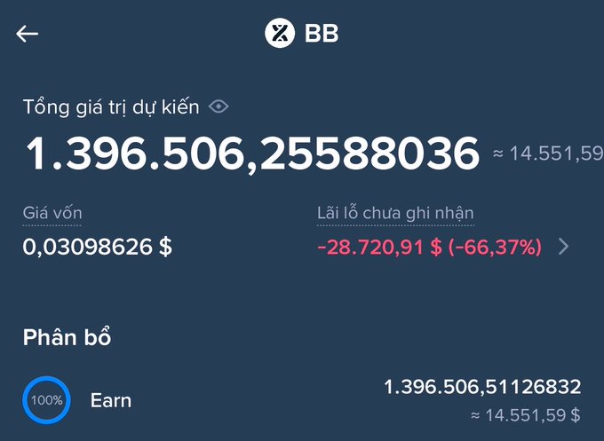 A cryptocurrency portfolio screenshot showing total estimated value of approximately 1.39 billion BB tokens (~$14,551), with a cost basis of ~$0.03 and unrealized loss of -$28,720.91 (-66.37%), allocated 100% to Earn.