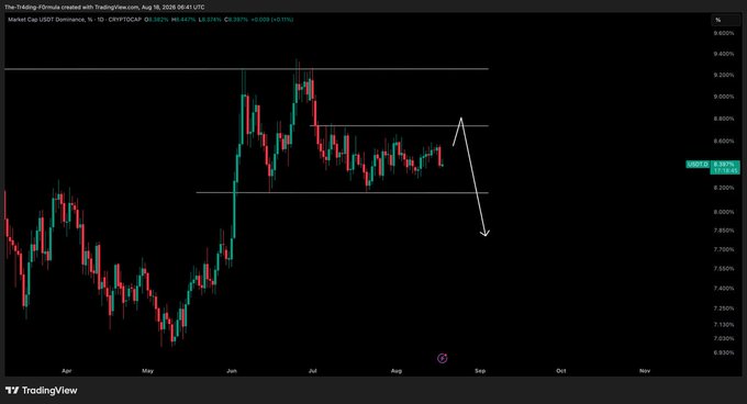 A TradingView daily chart of USDT.D (USDT Dominance) shows price at 8.391% (-0.008 / -0.10%), with an arrow pointing downward from the ~8.8% resistance area toward ~7.7%, suggesting a bearish breakdown that aligns with the post's expectation of a "bigger leg down" beneficial for crypto and Bitcoin.